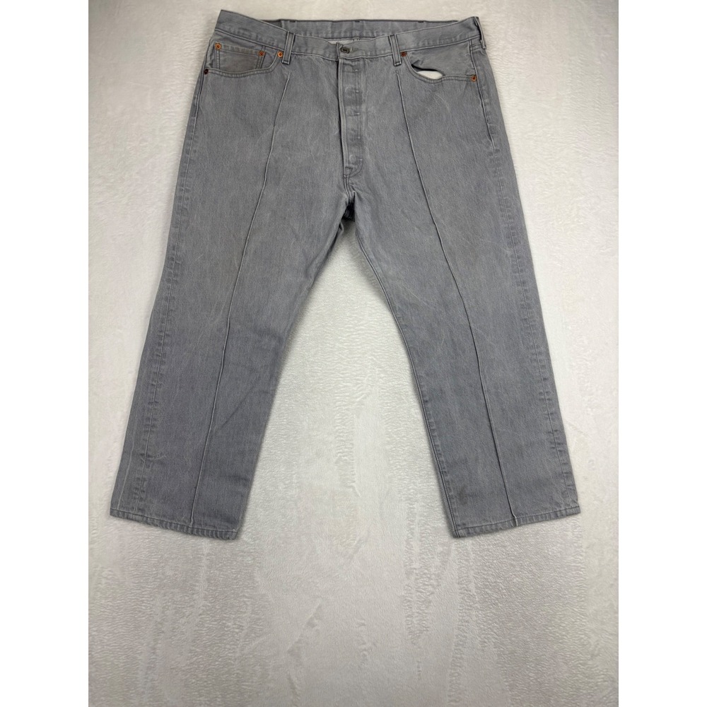 Levis 501 Mens‎ 44x30 Jeans Stitched Crease Grungy Grey Denim Nice Wash - Picture 1 of 9